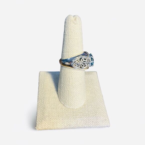 Intricate Sterling Silver Blue Topaz Filigree Ring - Oval Cut .925 Size 8 - Picture 3 of 4